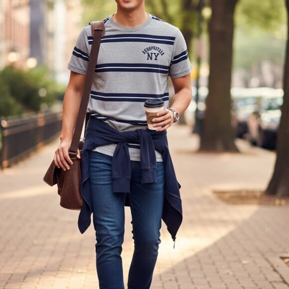 Aeropostale Striped Embroidered T Shirt Men's Medium Gray / Black - Picture 6 of 7